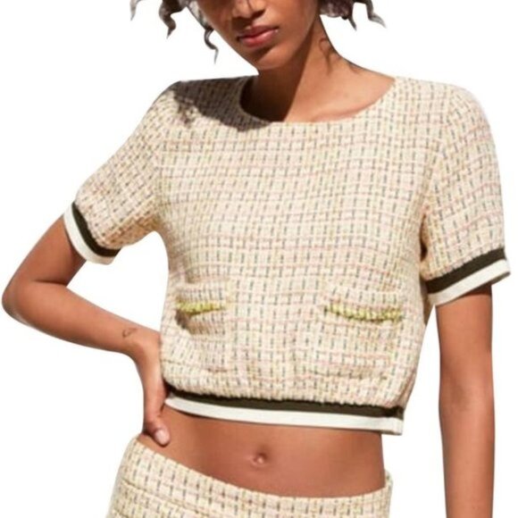 Zara yellow cropped tweed & varsity stripe top - Picture 1 of 3
